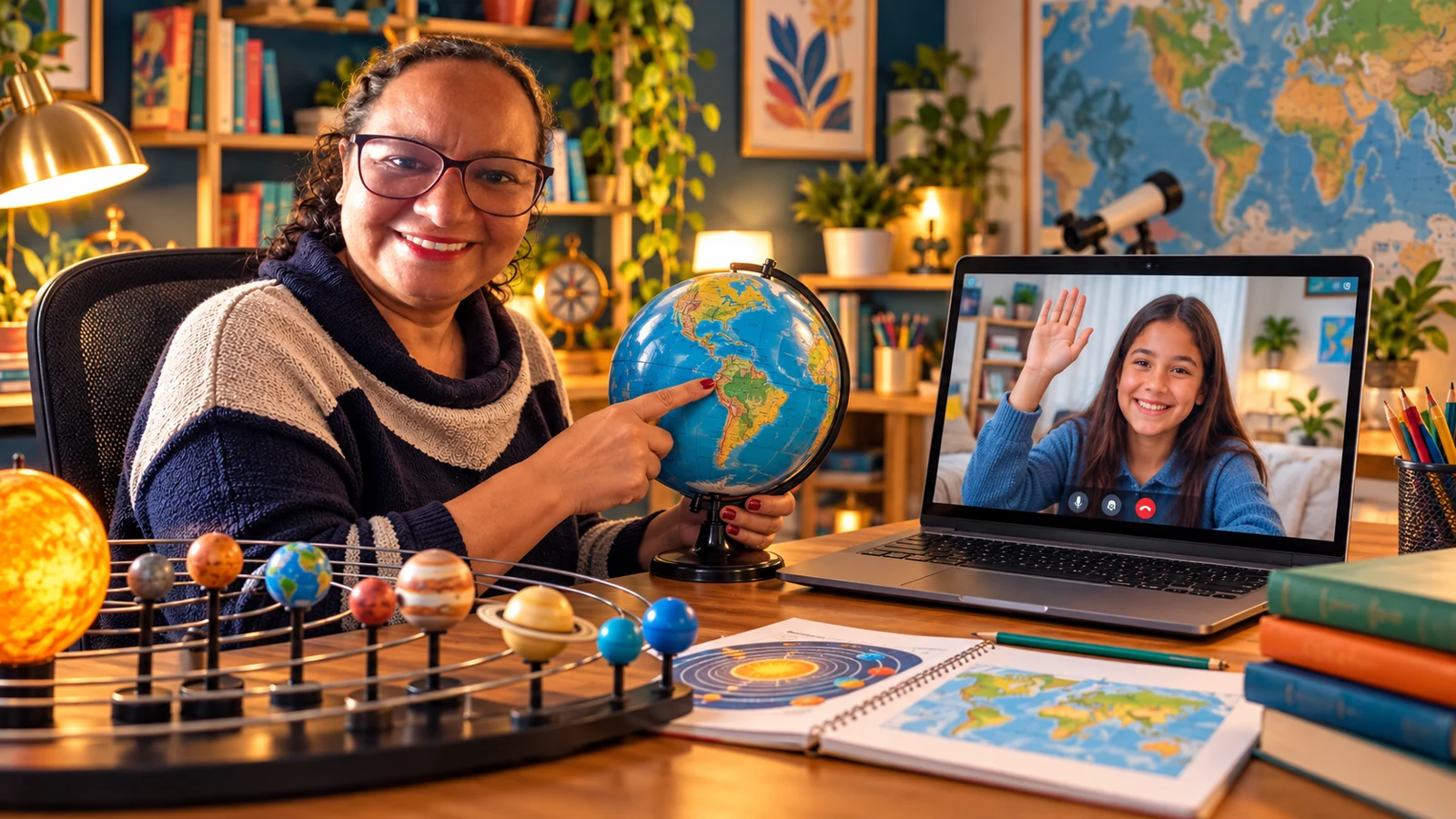 Tia Vera ministrando aula online de ciências e geografia, com aluno na tela do notebook