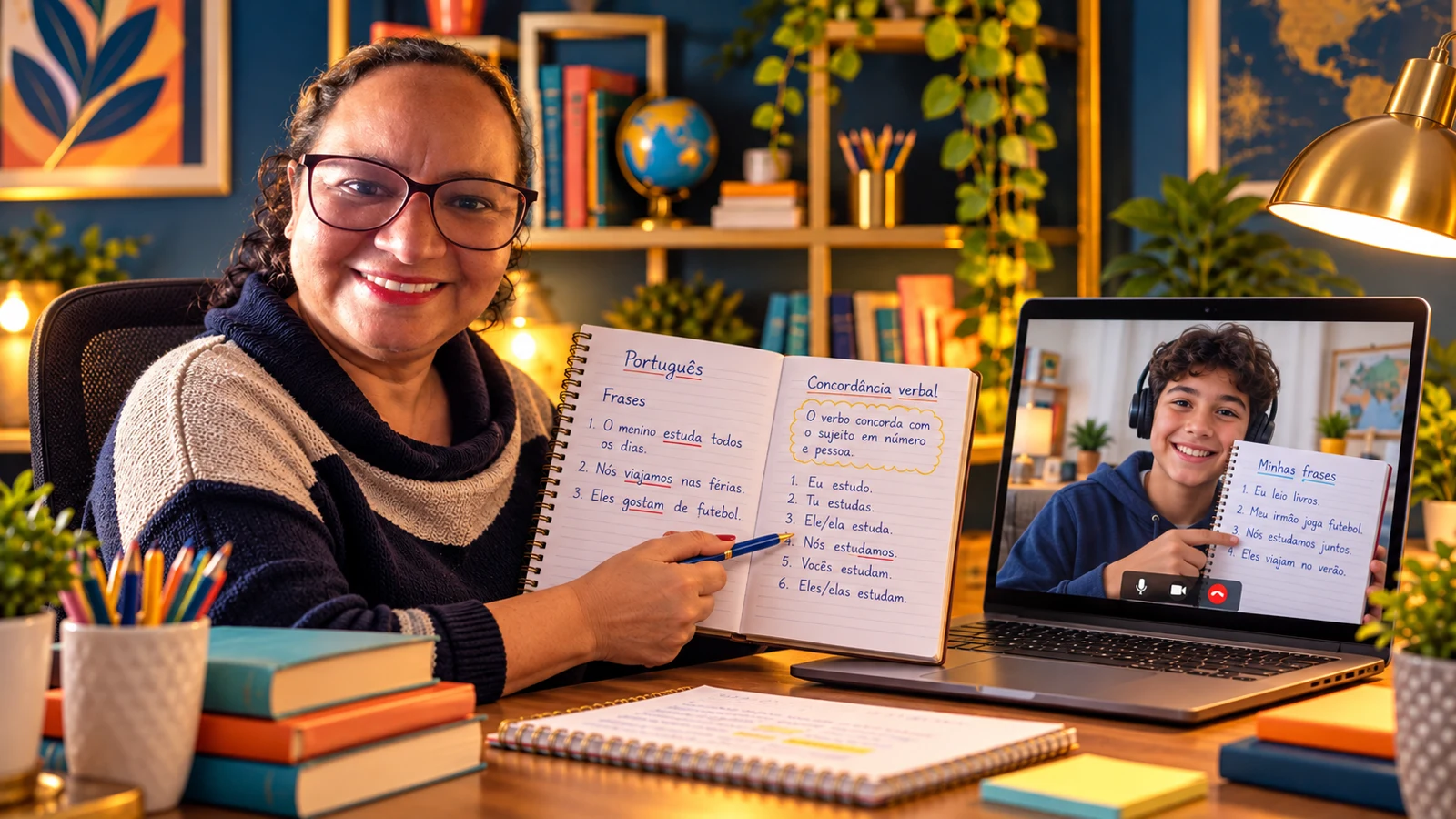 Tia Vera ministrando aula online de escrita, com aluno na tela do notebook