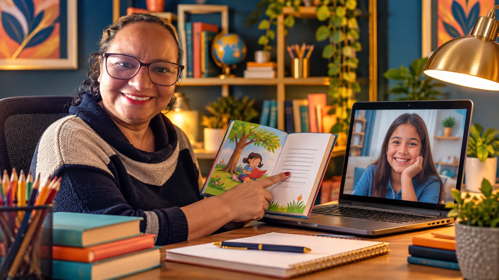 Tia Vera ministrando aula online de leitura, com aluno na tela do notebook