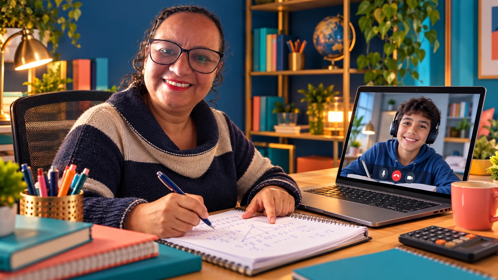 Tia Vera ministrando aula online de matemática, com aluno na tela do notebook